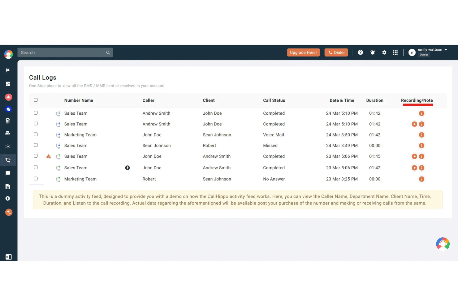 CallHippos kontrolpanel med opkaldslog, der viser opkaldsregistreringer med status, varighed og optagelser.