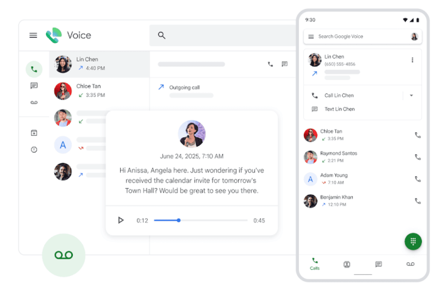 Google Voice-appen viser en opkaldsliste, transskription af telefonsvarer og kontaktvisning på mobilen.