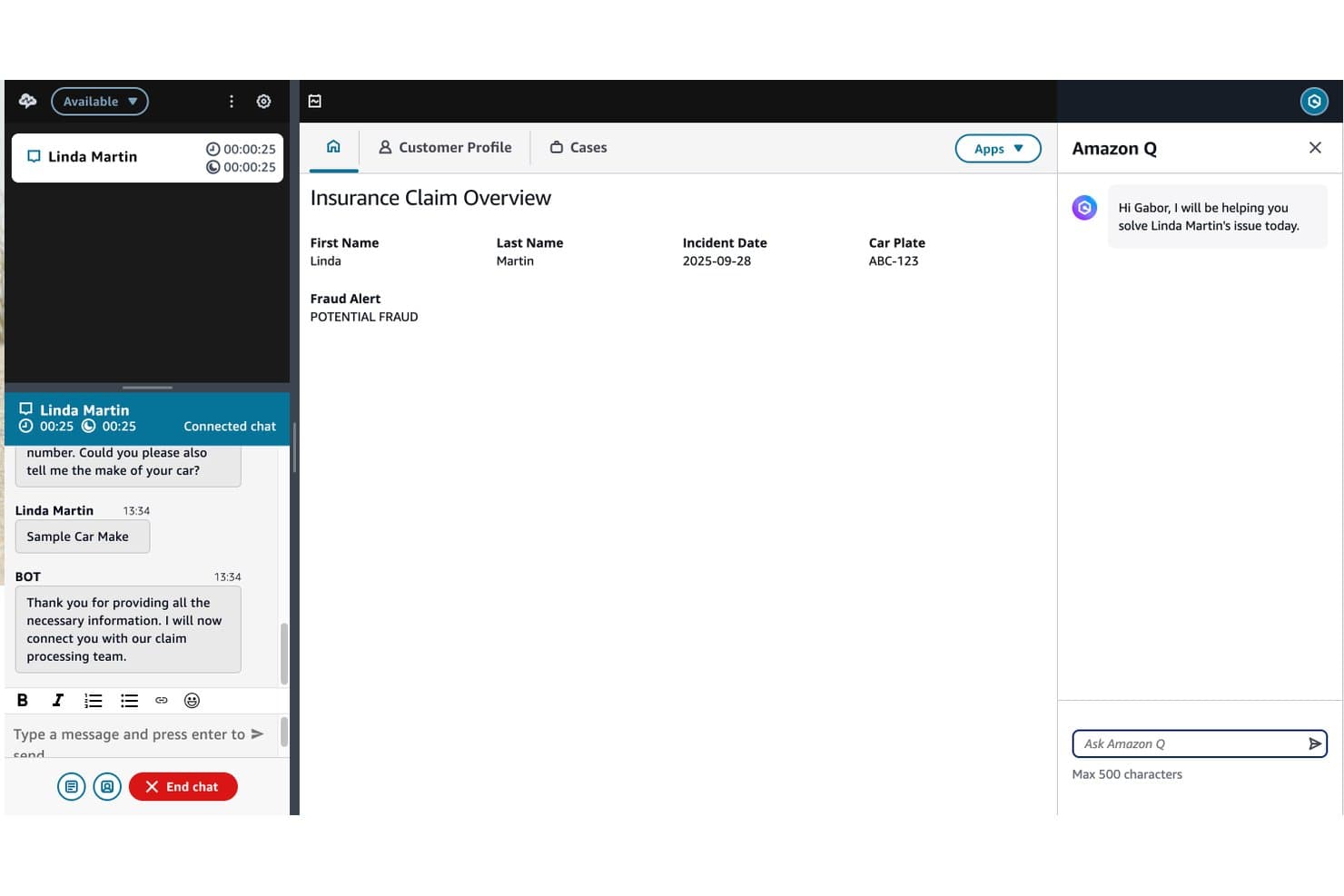Interface de chat des agents Amazon Connect affichant un aperçu d’une demande d’indemnisation avec une alerte de fraude et le panneau de l’assistant Amazon Q.