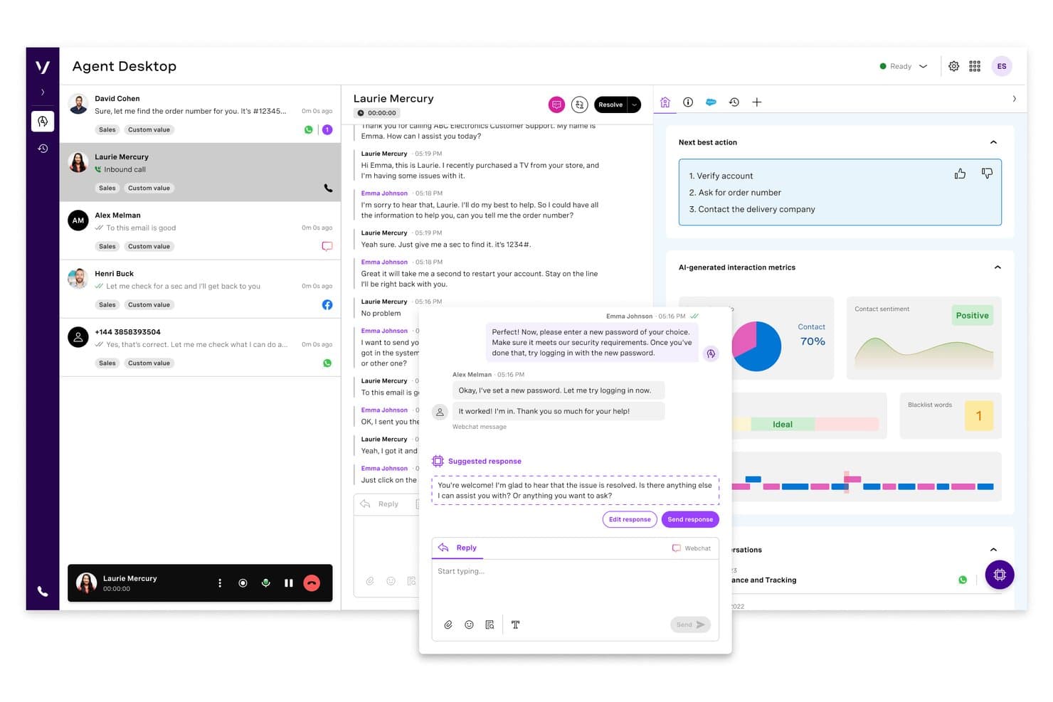 Vonage Contact Centers agentdesktop, der viser omnikanalsamtaler, AI-målinger og foreslåede svar.