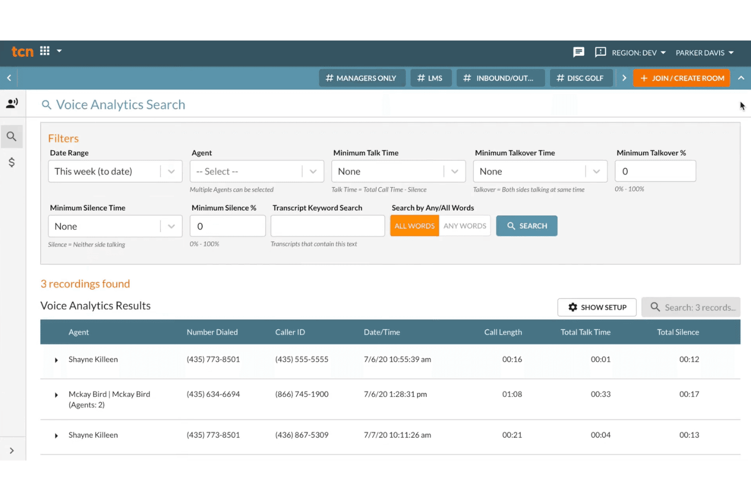 Interface de recherche de Voice Analytics de TCN affichant les filtres d'enregistrement des appels et un tableau de résultats.