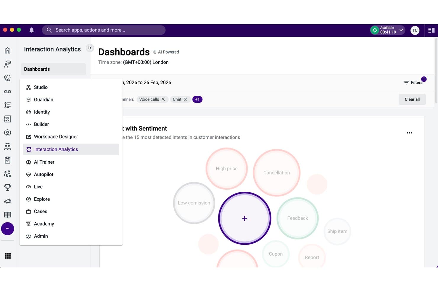 Talkdesk Interaction Analytics-kontrolpanel, der viser intentionsbobler med stemningskategorier.