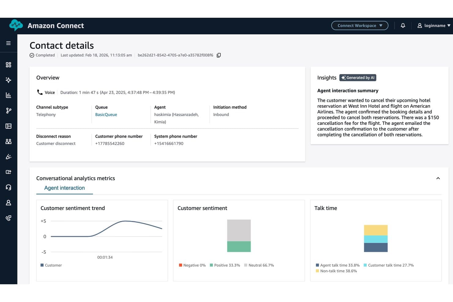 Amazon Connect-side med kontaktoplysninger, der viser AI-indsigter, sentimentudvikling og diagrammer over taletid.