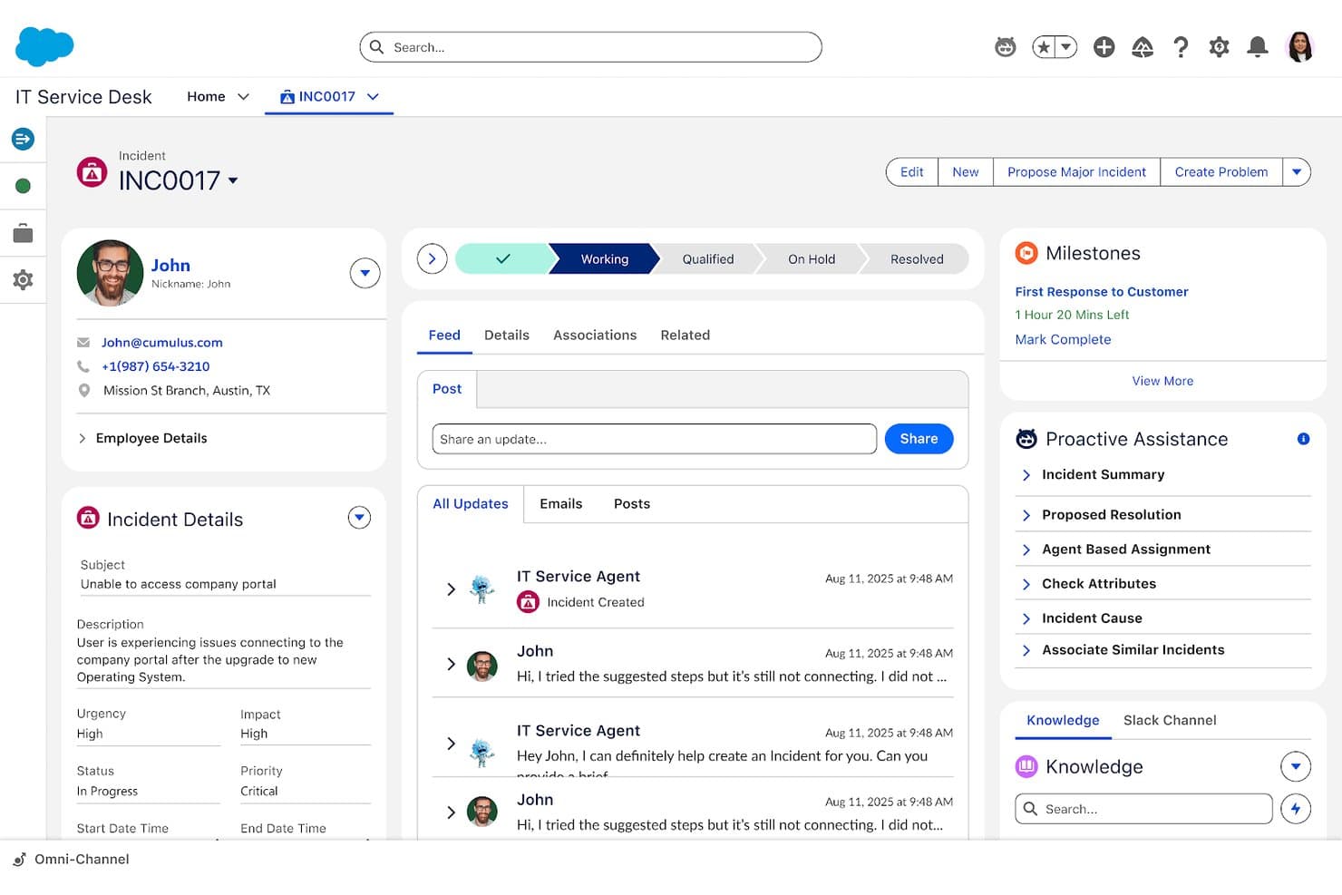 Rekord incydentu w centrum obsługi IT Salesforce z otwartym panelem proaktywnej pomocy sztucznej inteligencji.