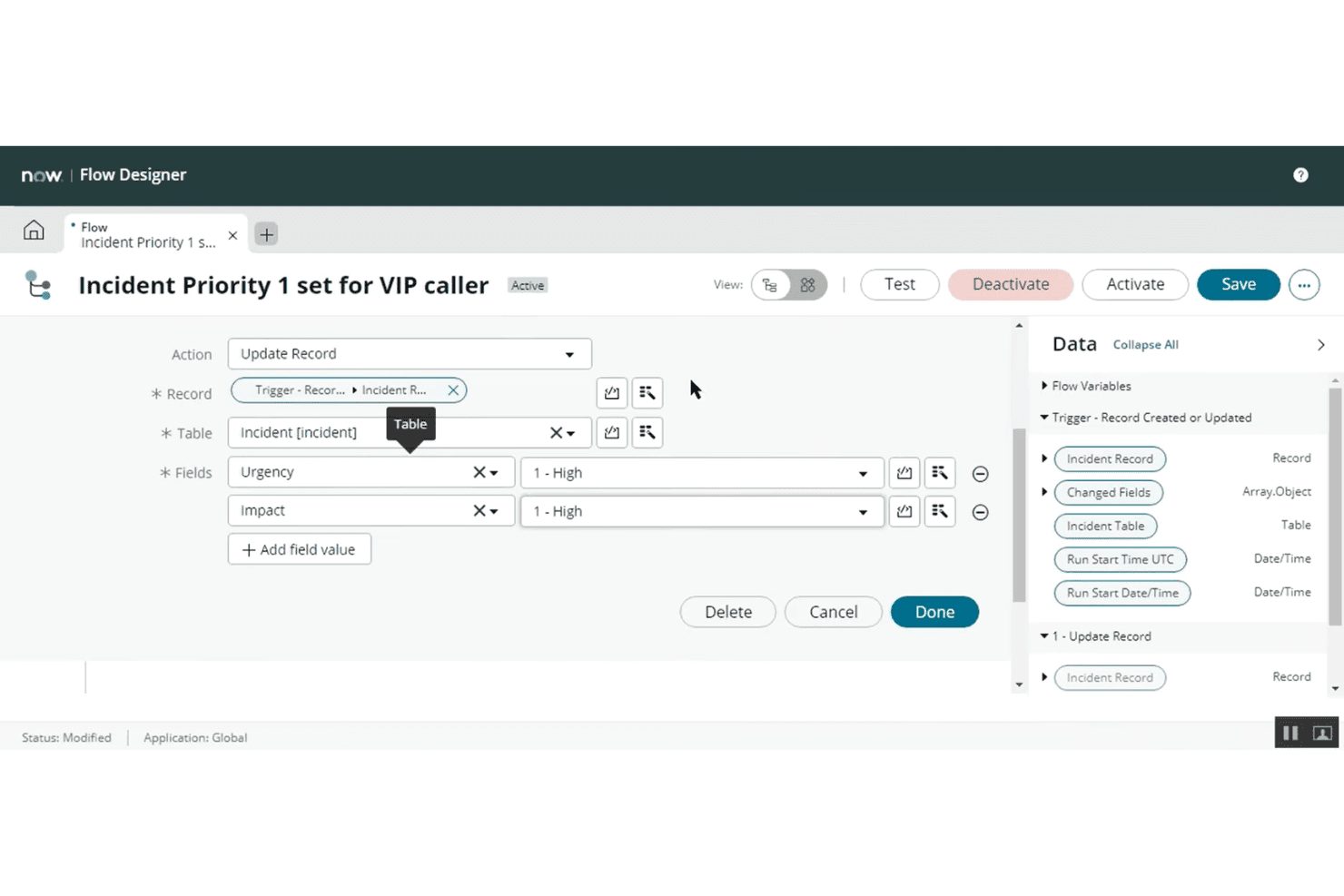 ServiceNow-arbejdsgangsdesigneren viser en handling til opdatering af en post, der indstiller Hastegrad og Påvirkning til Høj for hændelser.