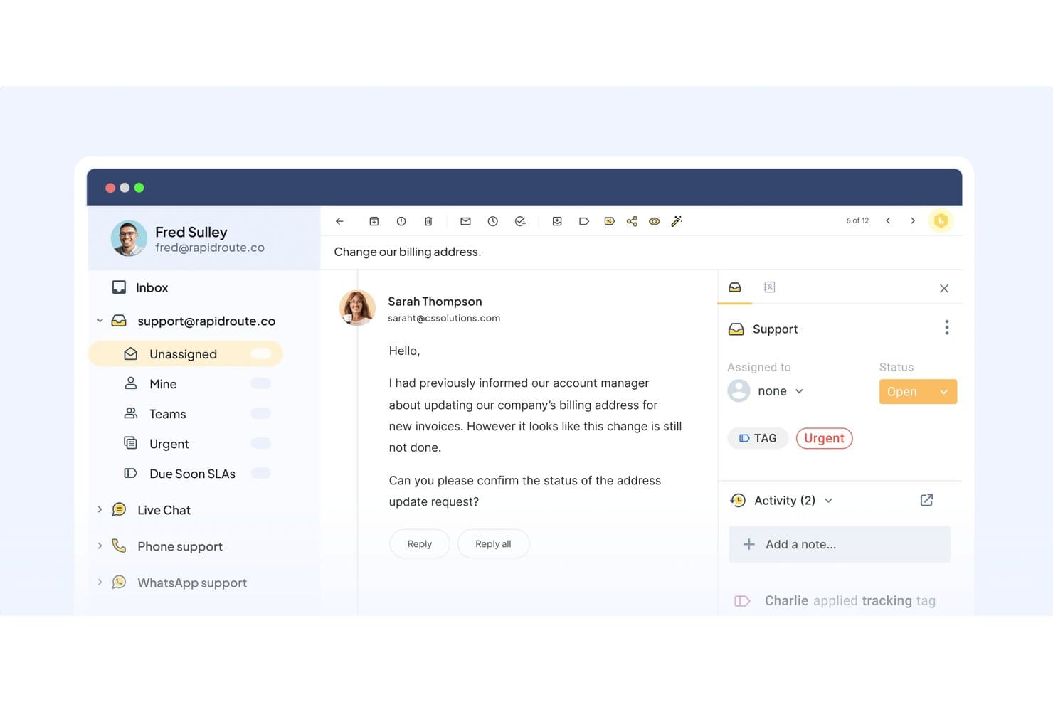 Hiver support inbox showing an email thread with tagging, status, and assignment panel
