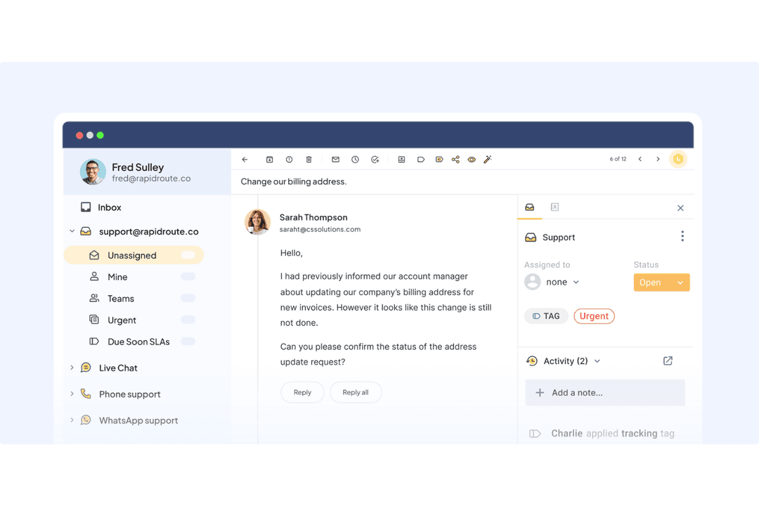 Hiver displays a shared inbox interface where support emails can be tagged, assigned, and tracked with status labels like 'Urgent' and 'Open'.
