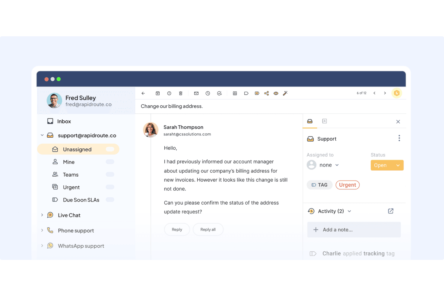 Hiver displays a shared inbox interface where support emails can be tagged, assigned, and tracked with status labels like 'Urgent' and 'Open'.
