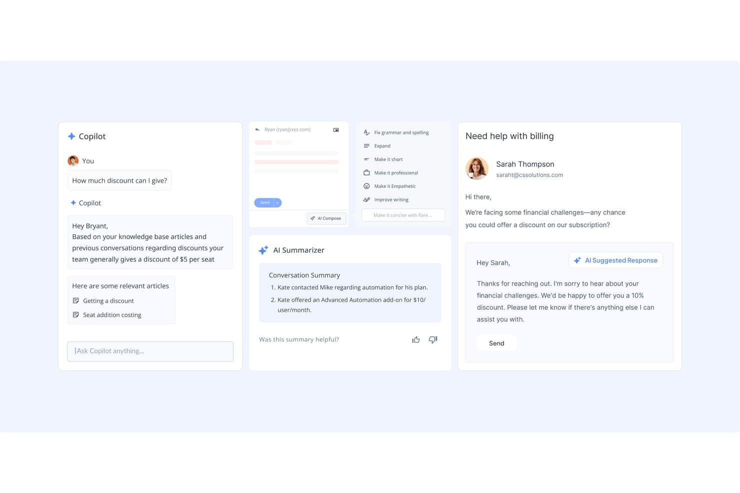 Hiver UI showing Copilot chat, AI Summarizer, email compose tools, and AI suggested reply panel.