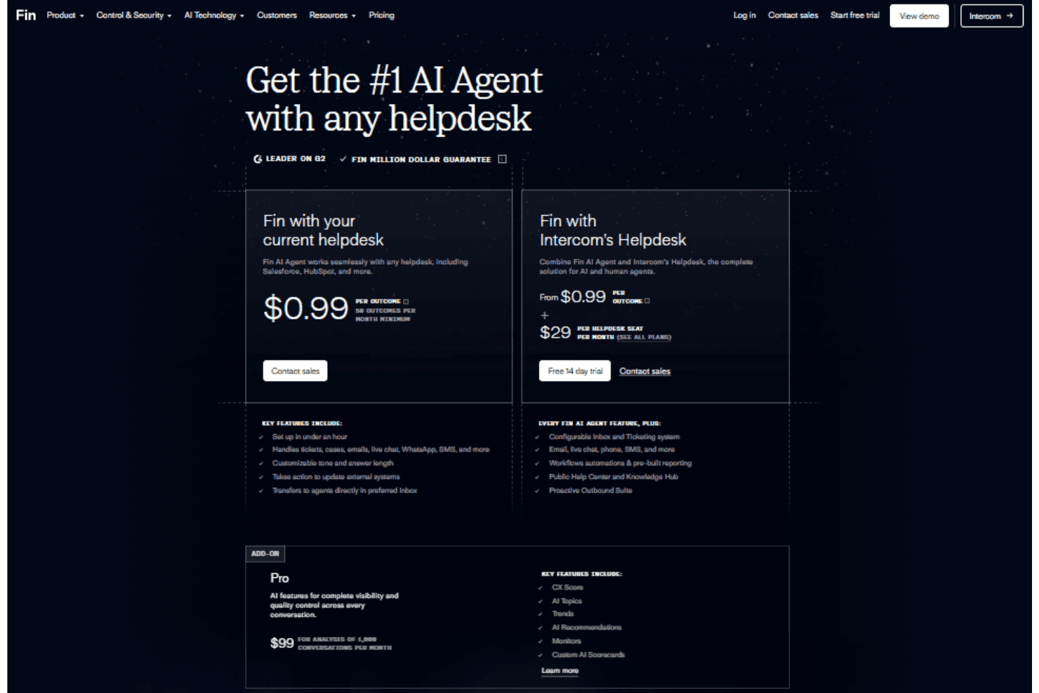 Fin pricing based on resolved customer conversations and usage.