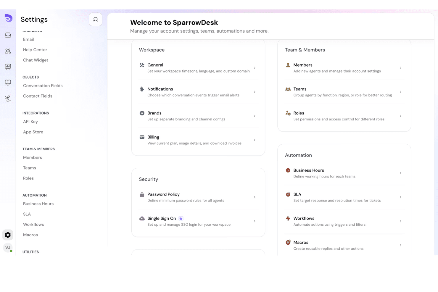 SparrowDesk centralizes workspace, security, and automation settings in one dashboard.