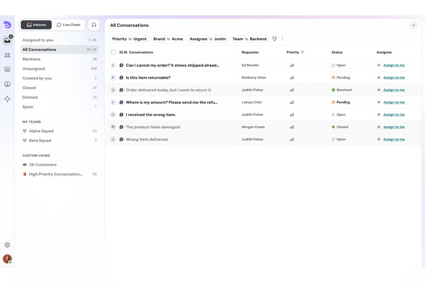 SparrowDesk support inbox showing conversations list with priority, status, and assignee columns.
