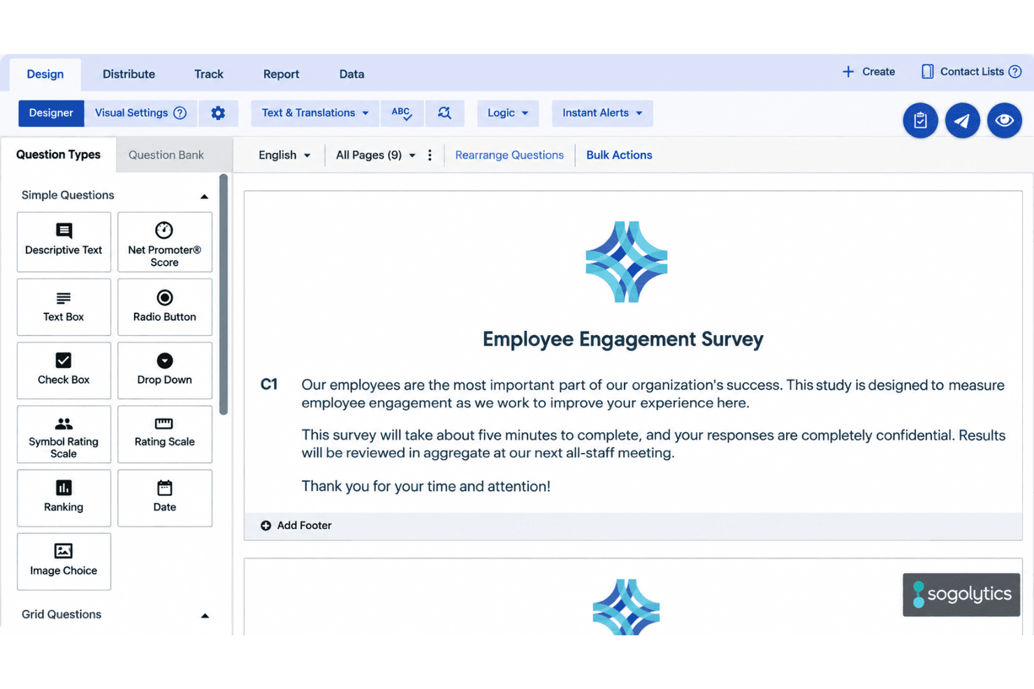 Sogolytics survey builder with drag-and-drop questions, survey templates, and customization tools.