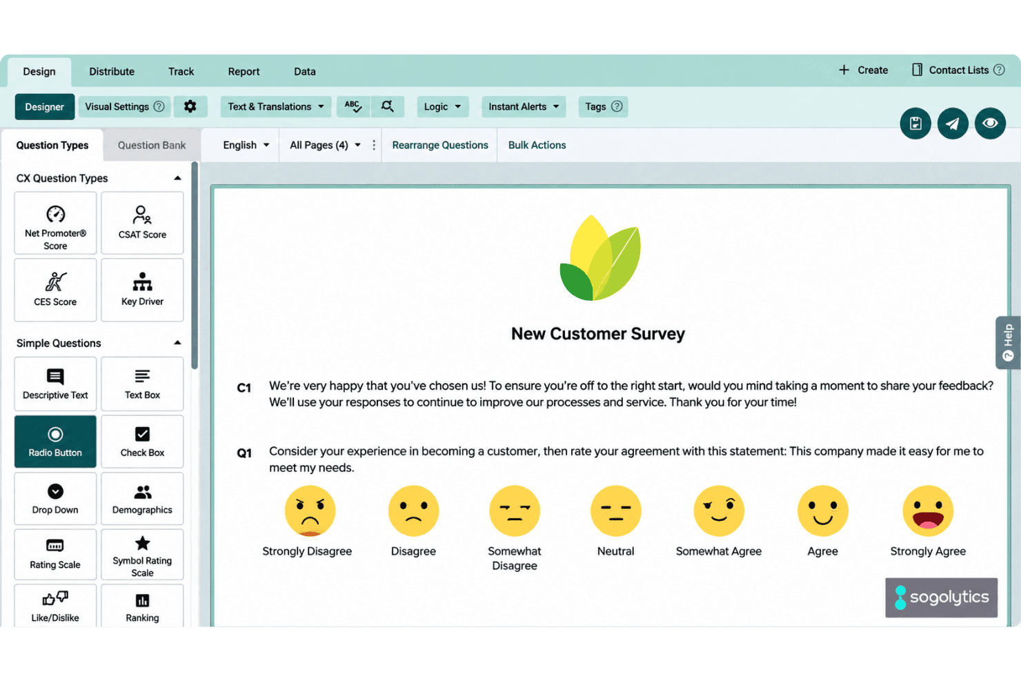 Sogolytics survey dashboard with drag-and-drop survey builder, feedback templates, branching logic, and reporting tools.