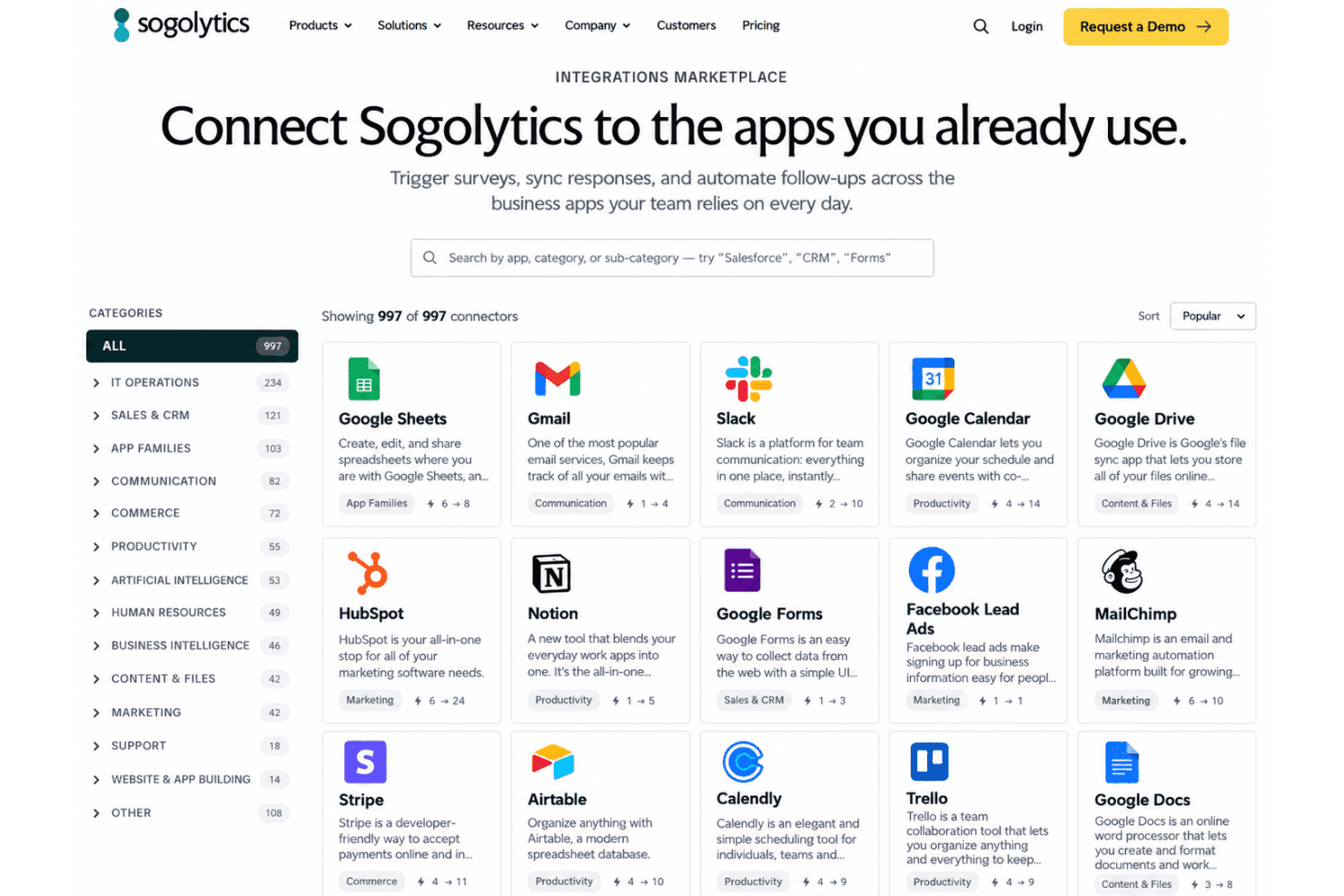 Sogolytics integrations with Salesforce, Microsoft Dynamics, Google Drive, Google Analytics, OneDrive, and Zapier.