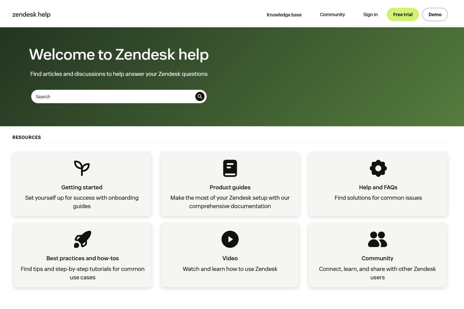 Zendesk Help Center homepage featuring onboarding guides, product documentation, FAQs, video tutorials, best practices, and community support resources.