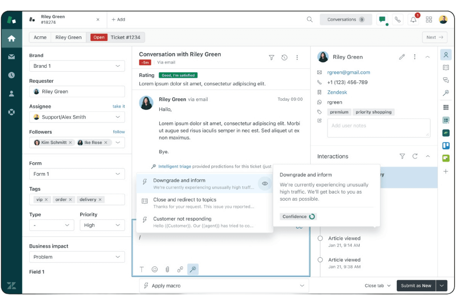 Zendesk's central dashboard for managing tickets and customer context.