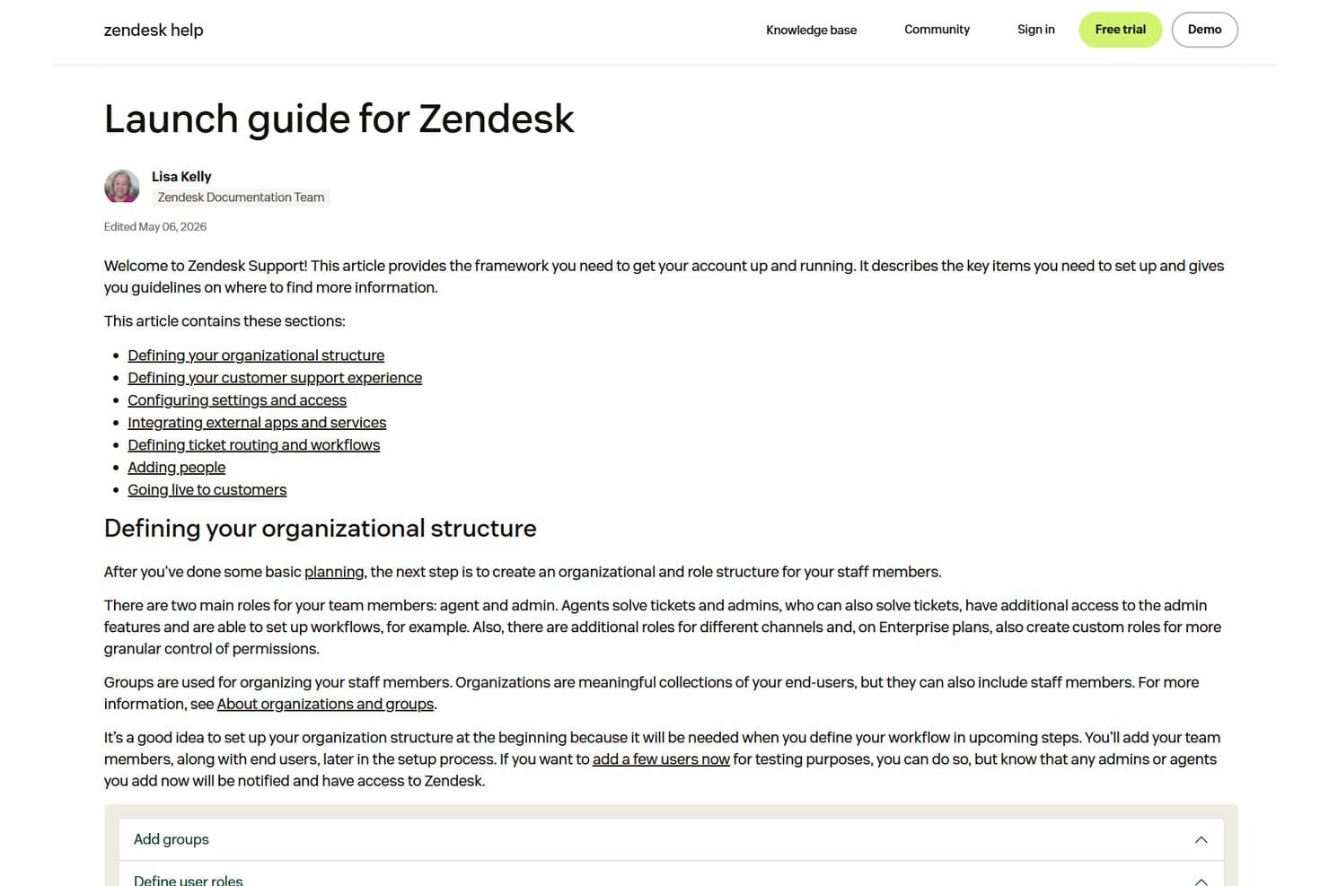 Zendesk Help Center launch guide outlining onboarding steps, workflow configuration, integrations, ticket routing, and go-live preparation.