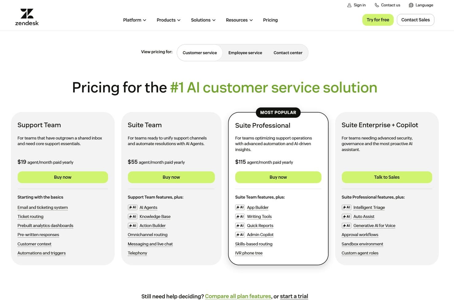 Zendesk pricing page showing Support Team, Suite Team, Suite Professional, and Suite Enterprise + Copilot plans with pricing and included features.