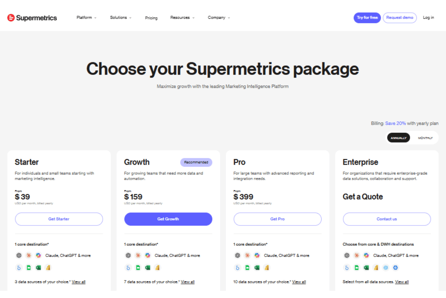 Supermetrics pricing for marketing data automation and reporting workflows.