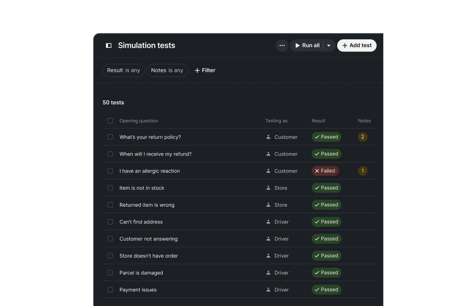 Fin simulations for validating AI support and workflows.