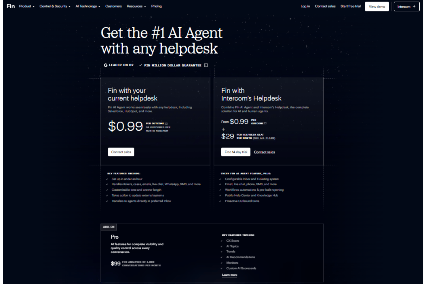 Fin pricing based on resolved customer conversations and usage.