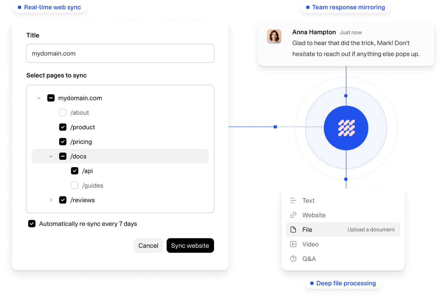Weav UI showing website page sync setup and AI knowledge base source options.