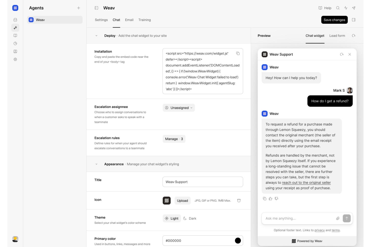 Weav lets users embed a chat widget and customize its appearance.
