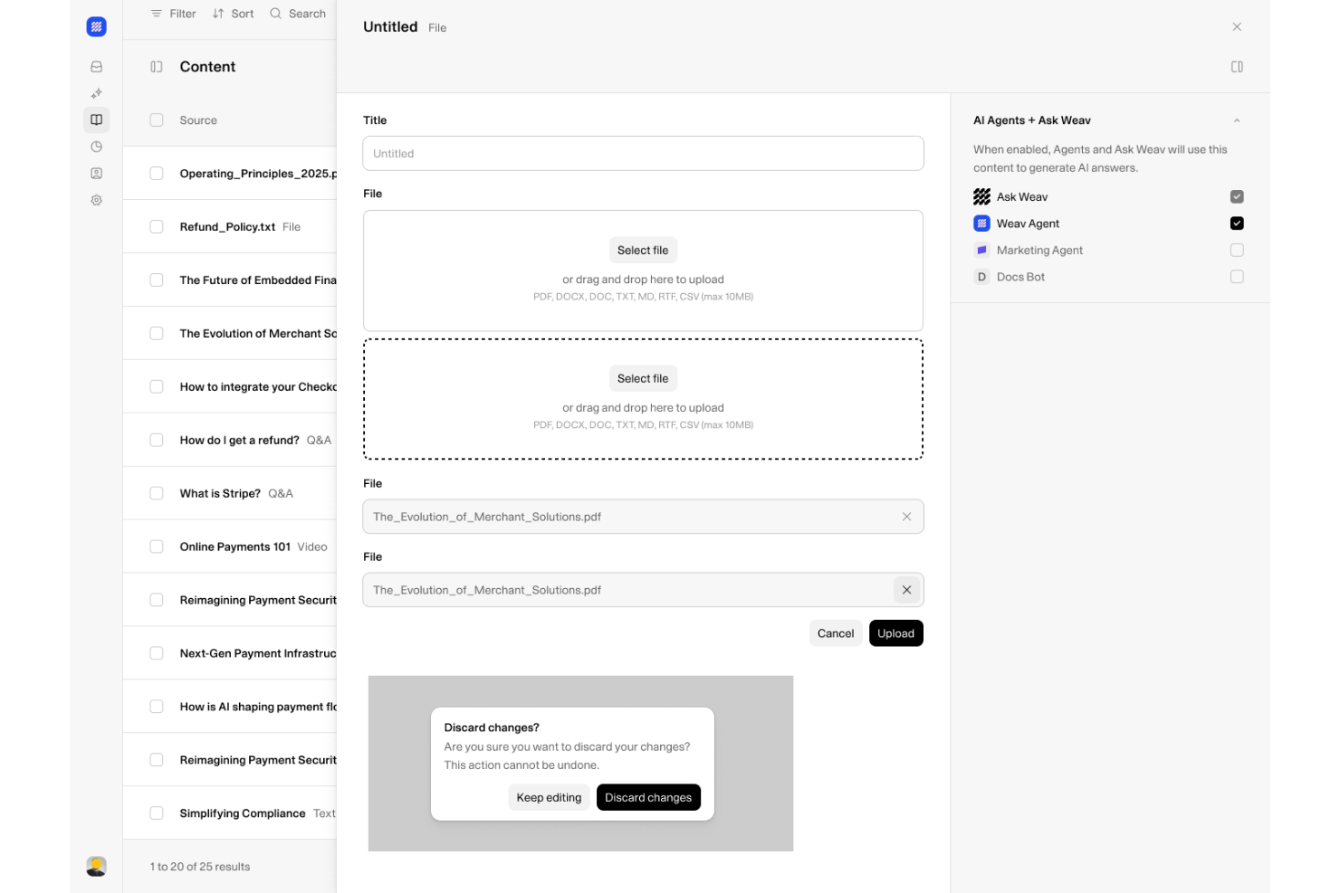 Weav file upload form with AI agent toggles and discard changes dialog.