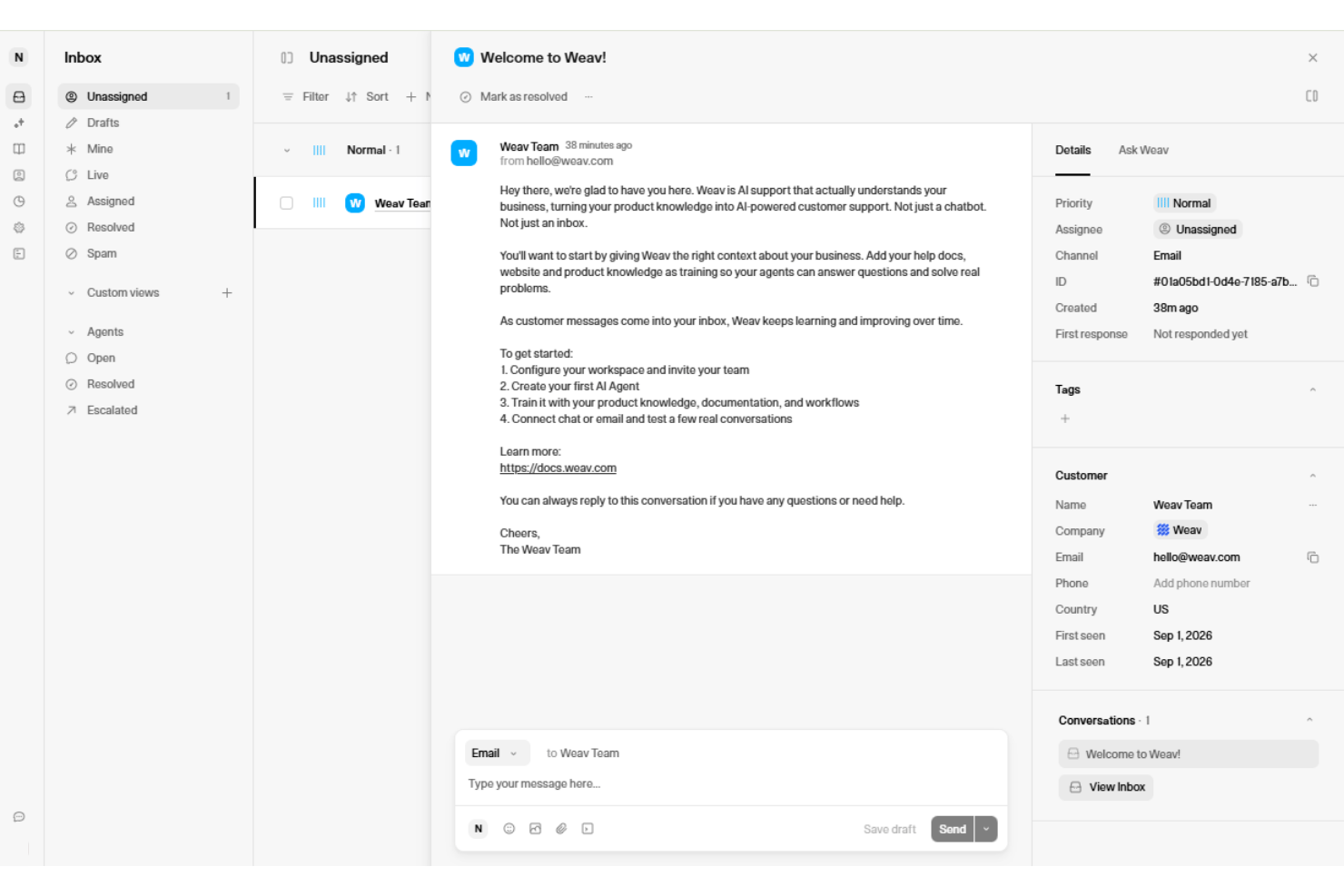 Weav inbox UI showing an unassigned email conversation with customer details panel.