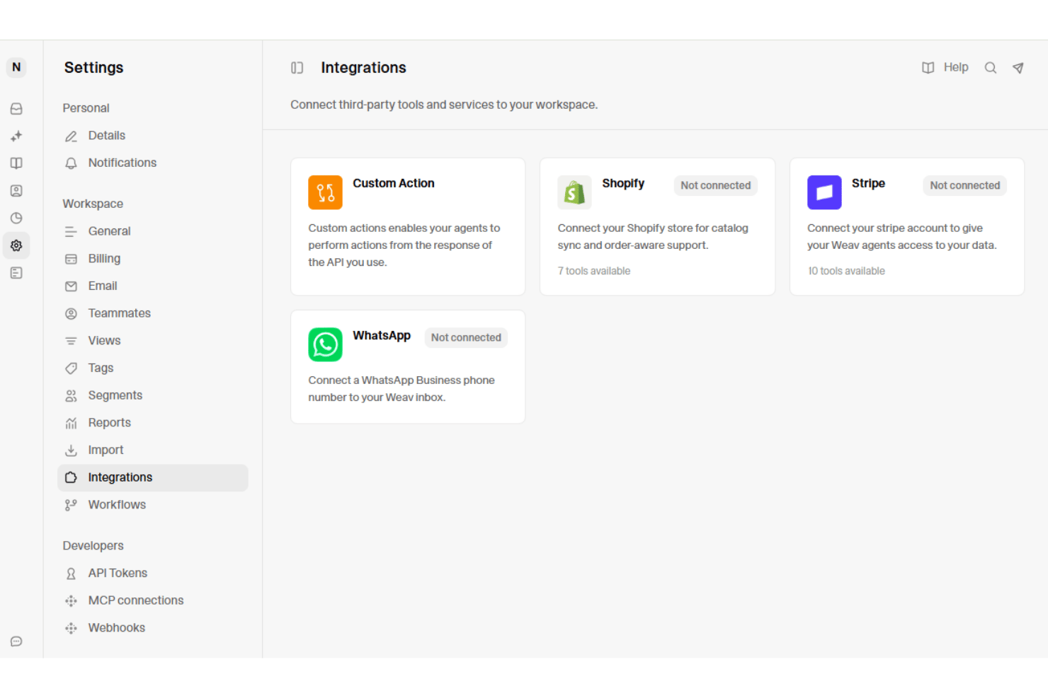 Weav integrations settings page showing Shopify, Stripe, WhatsApp, and Custom Action cards.