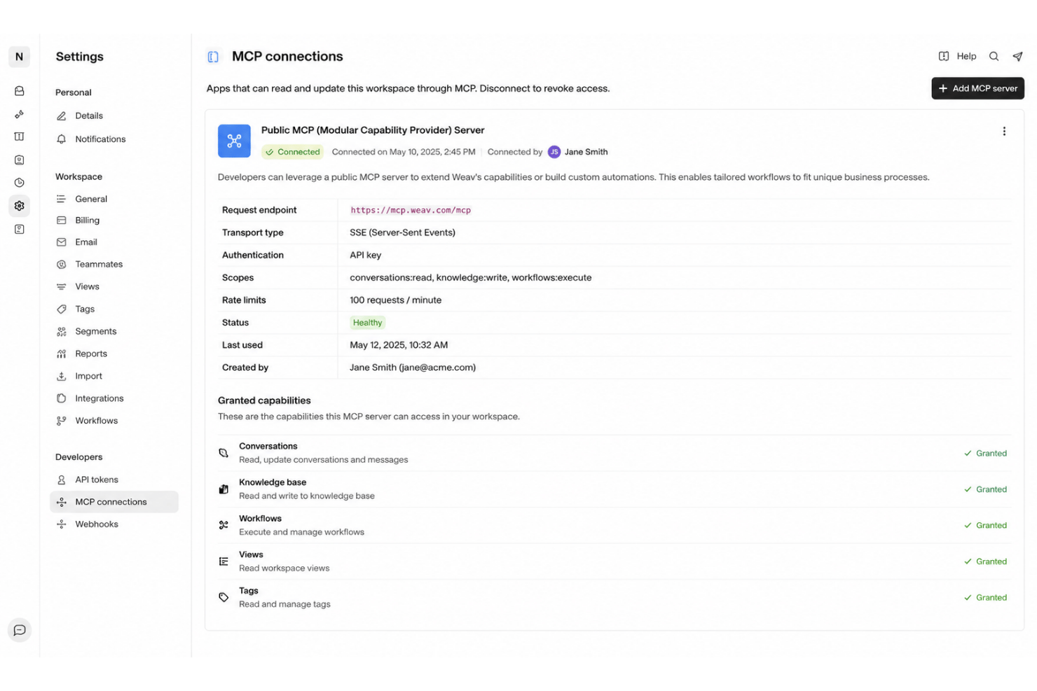 Weav settings page showing MCP server connection details, scopes, and granted capabilities.