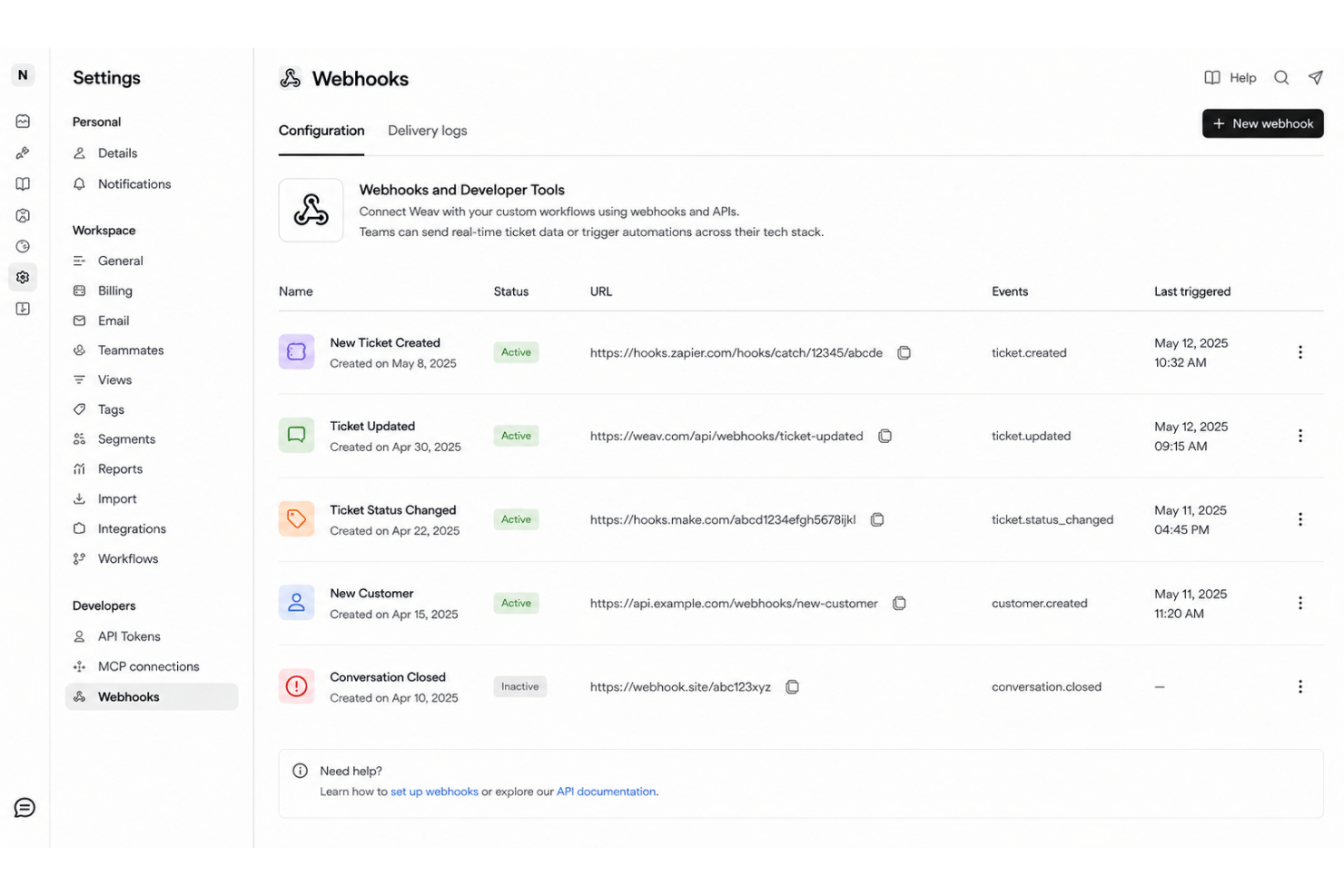 Weav's webhooks configuration page listing five active and inactive webhook entries .
