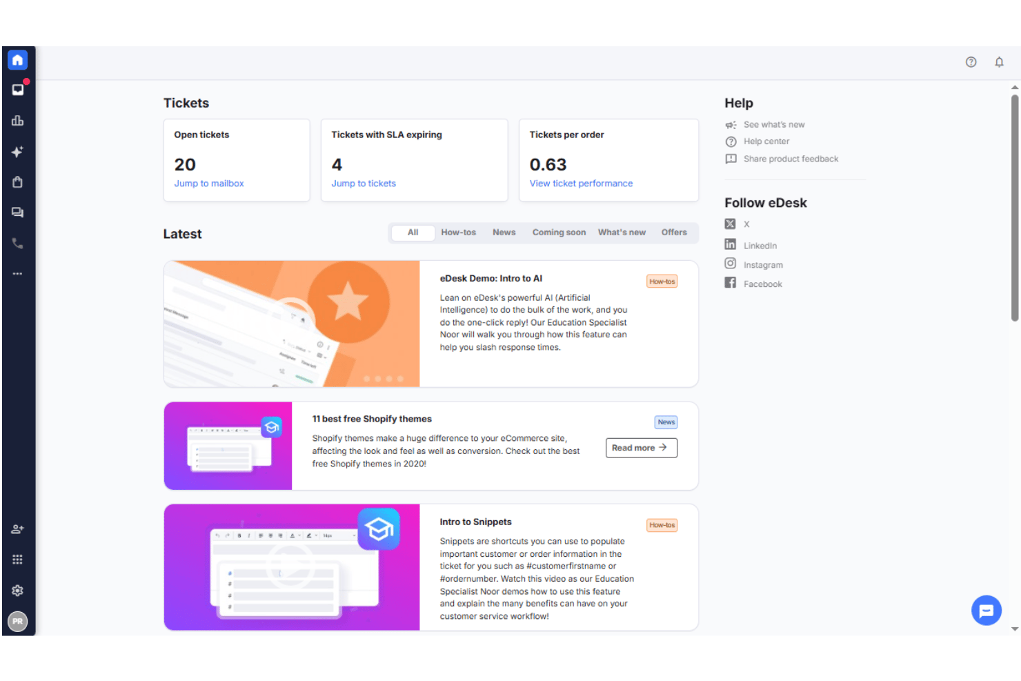 eDesk's dashboard gives agents a real-time overview of open tickets and SLA alerts.