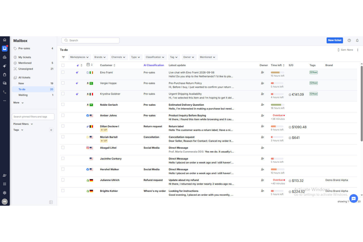 eDesk mailbox dashboard showing a to-do ticket list with AI classification and filters.