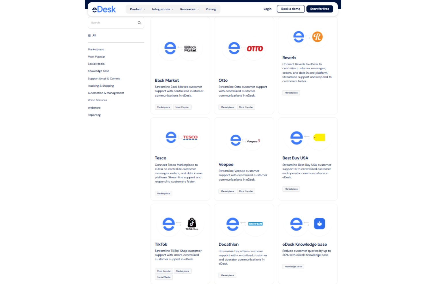 eDesk integrations page showing marketplace connectors including Tesco, TikTok, and Best Buy.