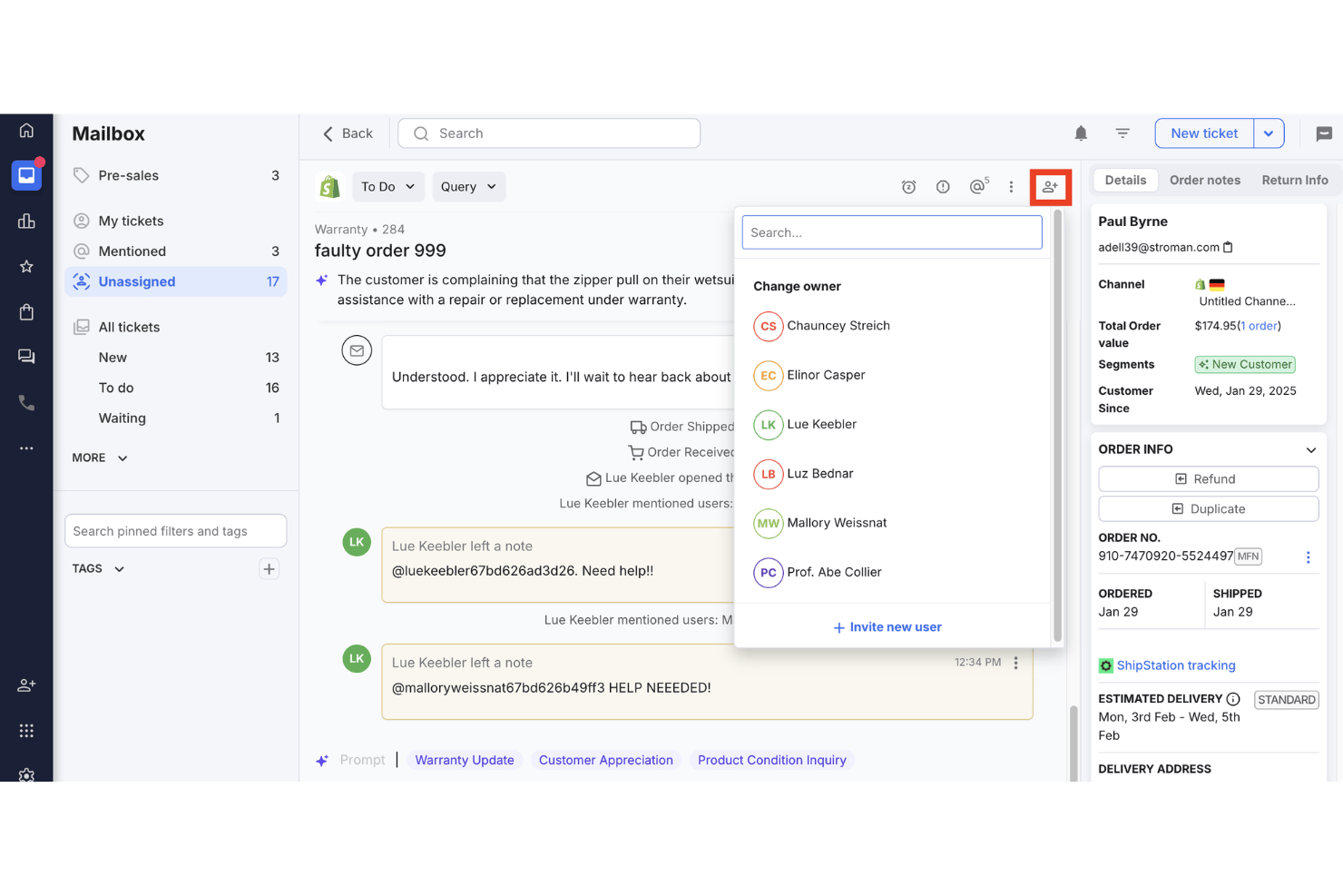eDesk support mailbox with ticket assignment dropdown and internal notes visible.