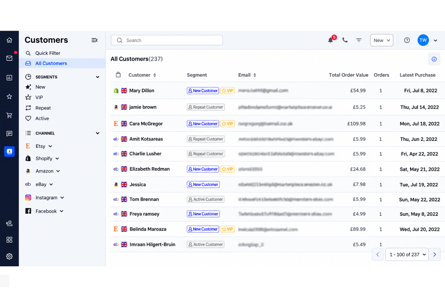 eDesk dashboard showing 237 customers with segments, order values, and purchase dates.