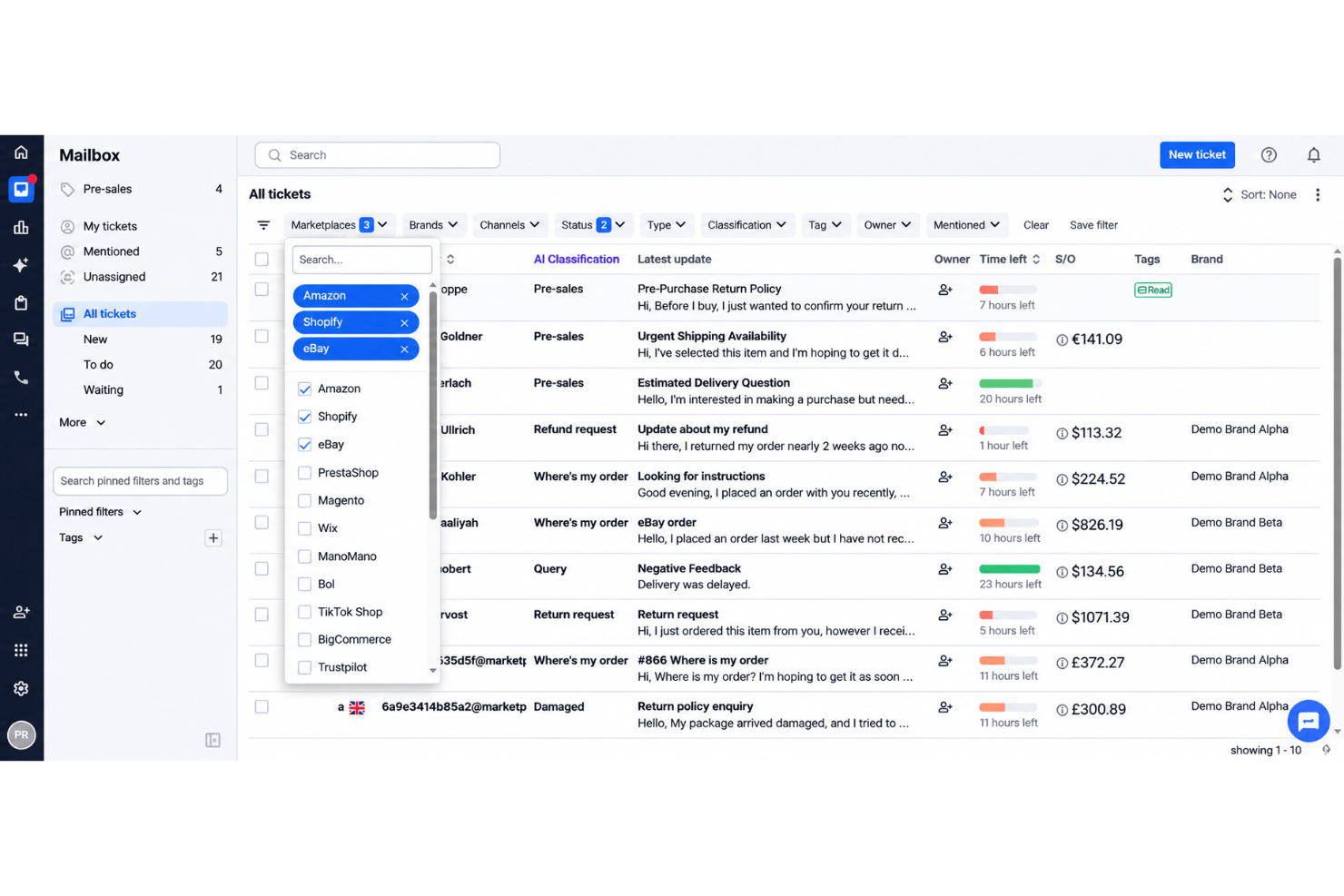 eDesk mailbox UI showing ticket list with marketplace filter dropdown open.