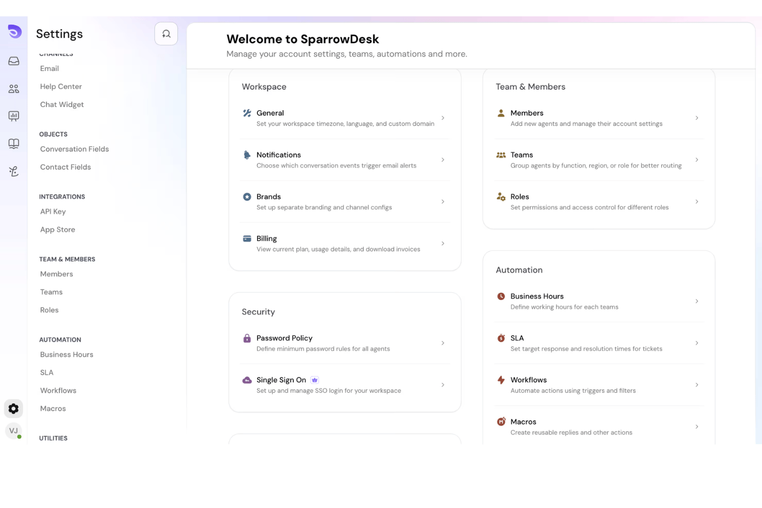 SparrowDesk centralizes workspace, security, and automation settings in one dashboard.