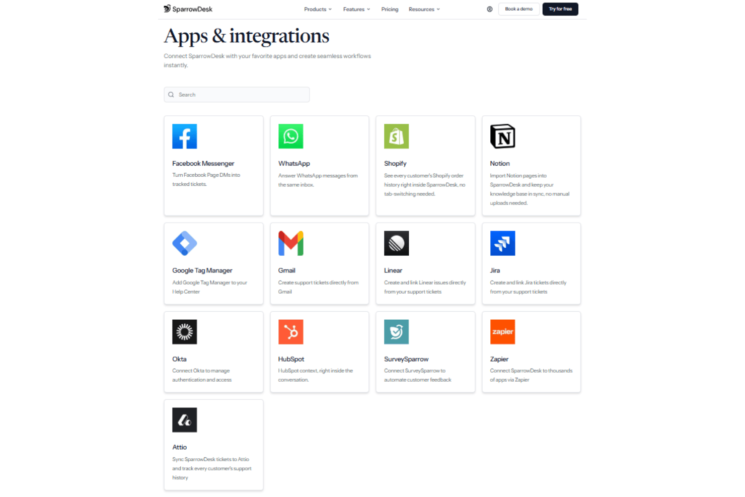 SparrowDesk apps and integrations page showing 13 integration cards with logos.