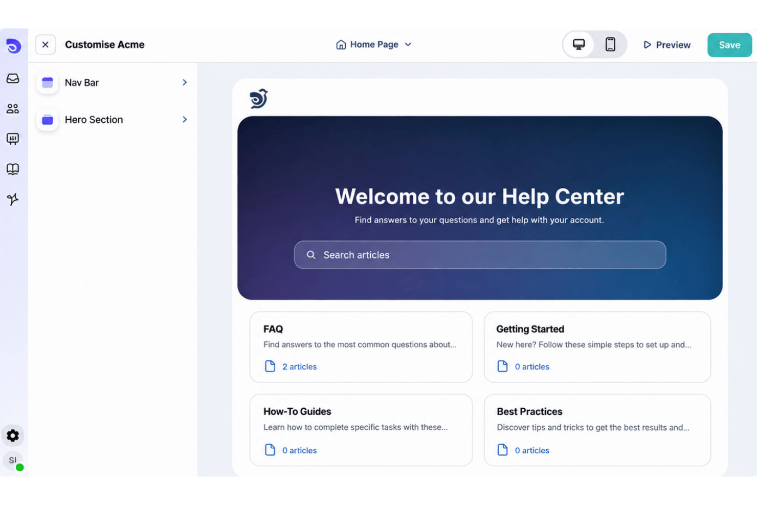 SparrowDesk customization UI with nav bar, hero section, and article category cards.