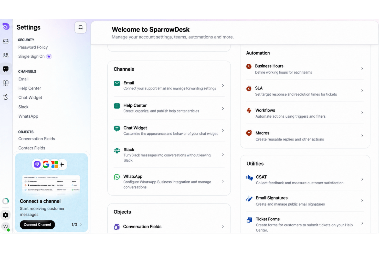 SparrowDesk settings page showing channels, automation, and utilities options.