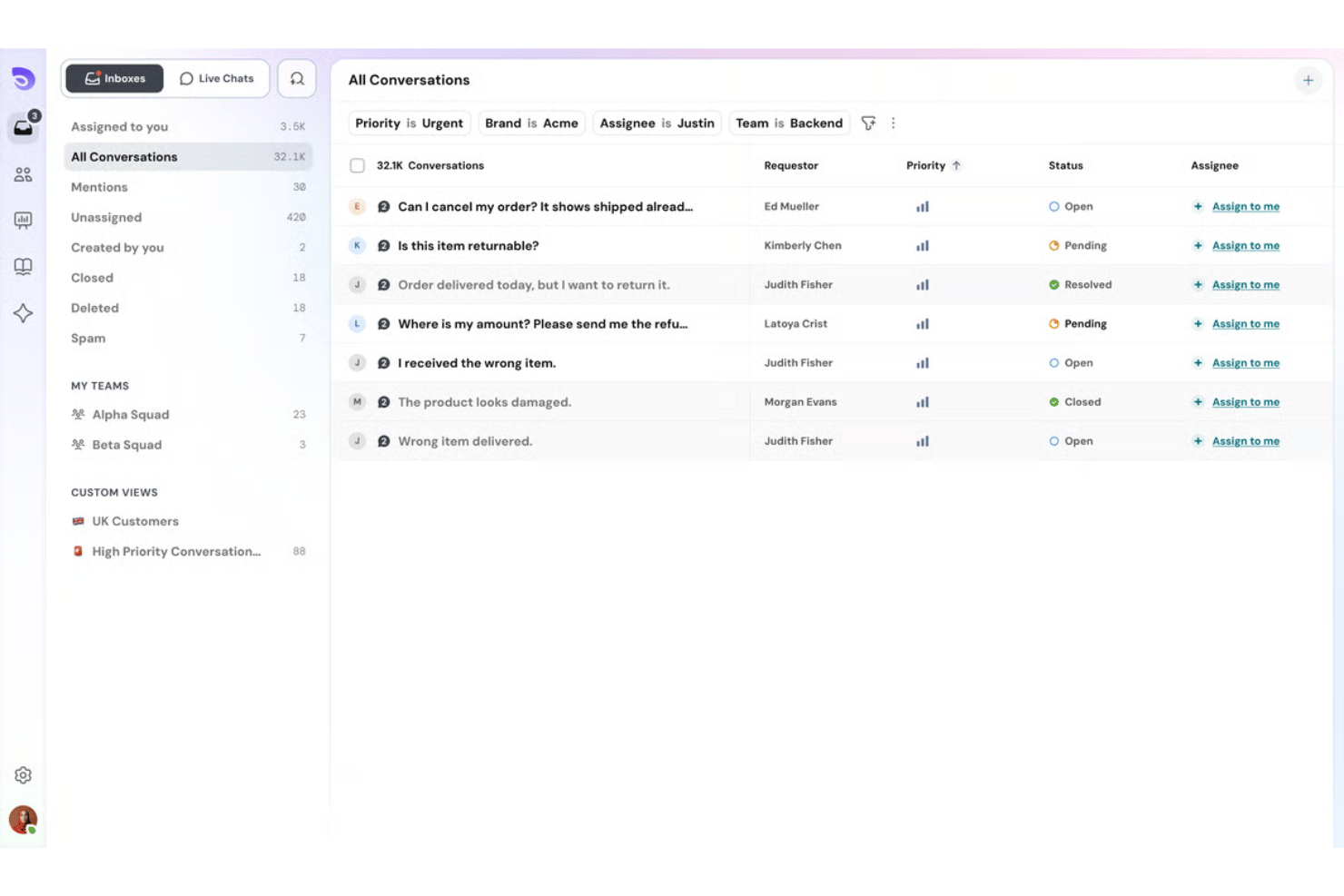 SparrowDesk support inbox showing conversations list with priority, status, and assignee columns.