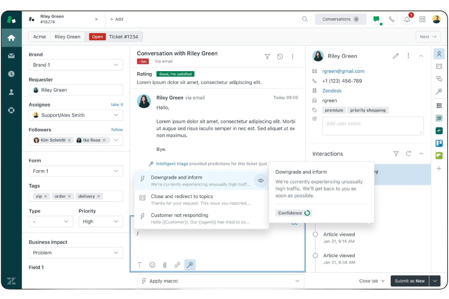 Zendesk's central dashboard for managing tickets and customer context.
