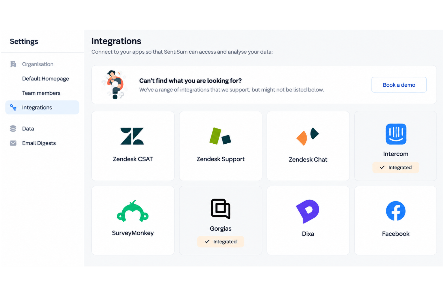 SentiSum integrations with Zendesk, Intercom, Salesforce, and Freshdesk.