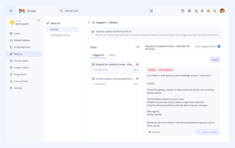 Hiver Improves Ask AI Reply Review and Feedback Controls