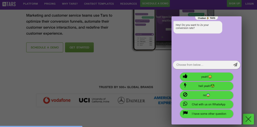 Tars screenshot - 23 Beste Chatbot-Software 2026: Bewertet &amp; Verglichen