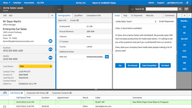 VanillaSoft screenshot - 12 Meilleurs Logiciels CRM pour Centre d’Appels Passés en Revue en 2026