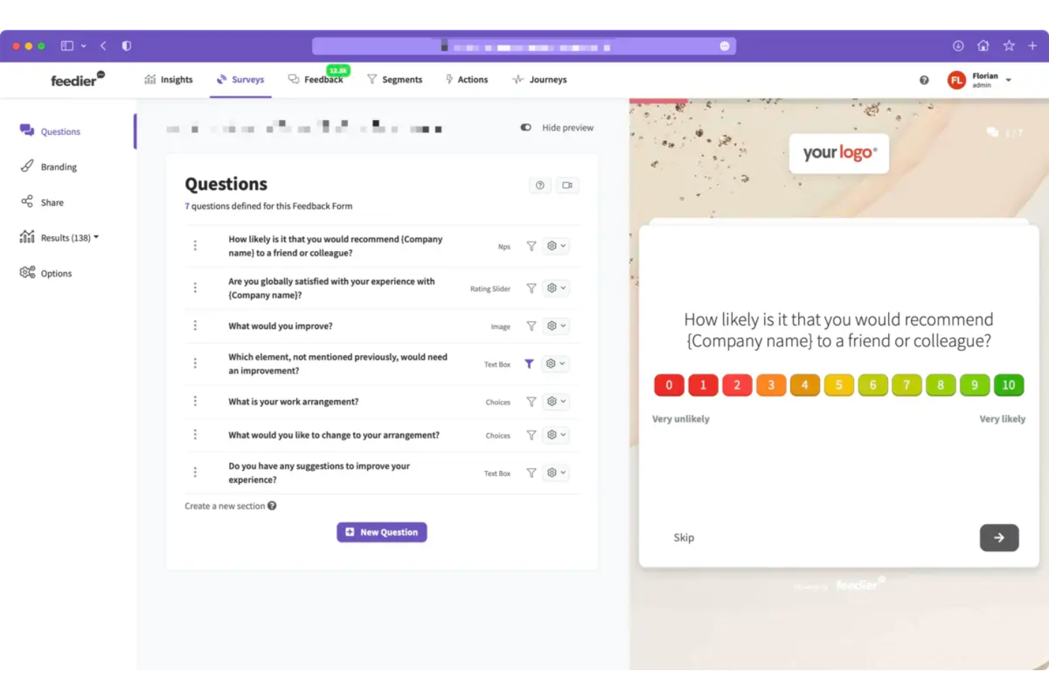 Feedier screenshot - 13 Meilleurs Outils de Création de Sondages pour les Retours Clients en 2026